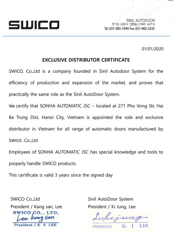 Chứng nhận đại lý SWICO - Hàn Quốc