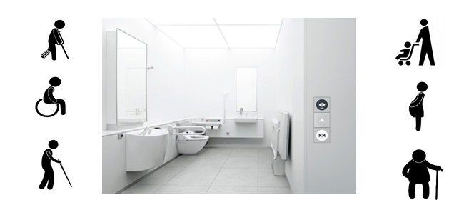 NABCO HDS-4P automatic door switch for accessible restrooms based on the Universal Design philosophy