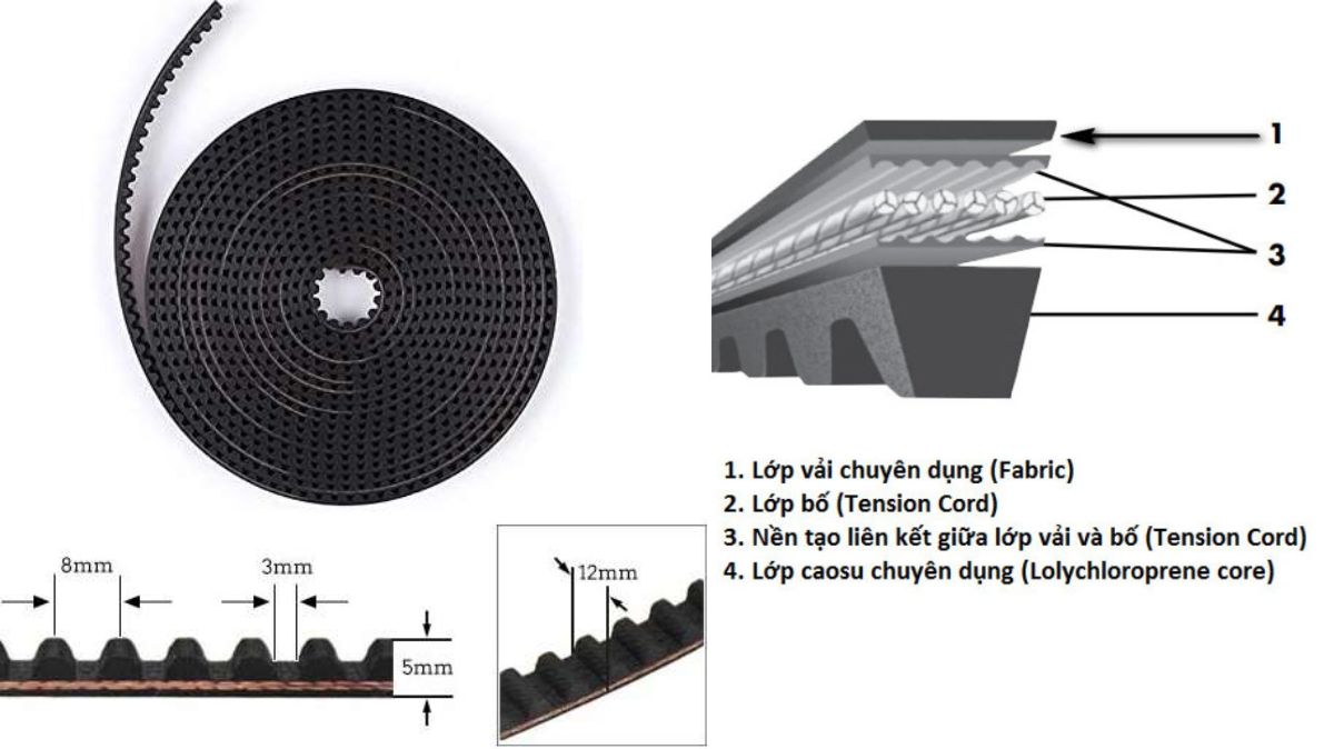 Cấu tạo dây curoa cửa tự động với lõi chịu lực và răng truyền động Cấu tạo dây curoa cửa tự động với lõi chịu lực và răng truyền động