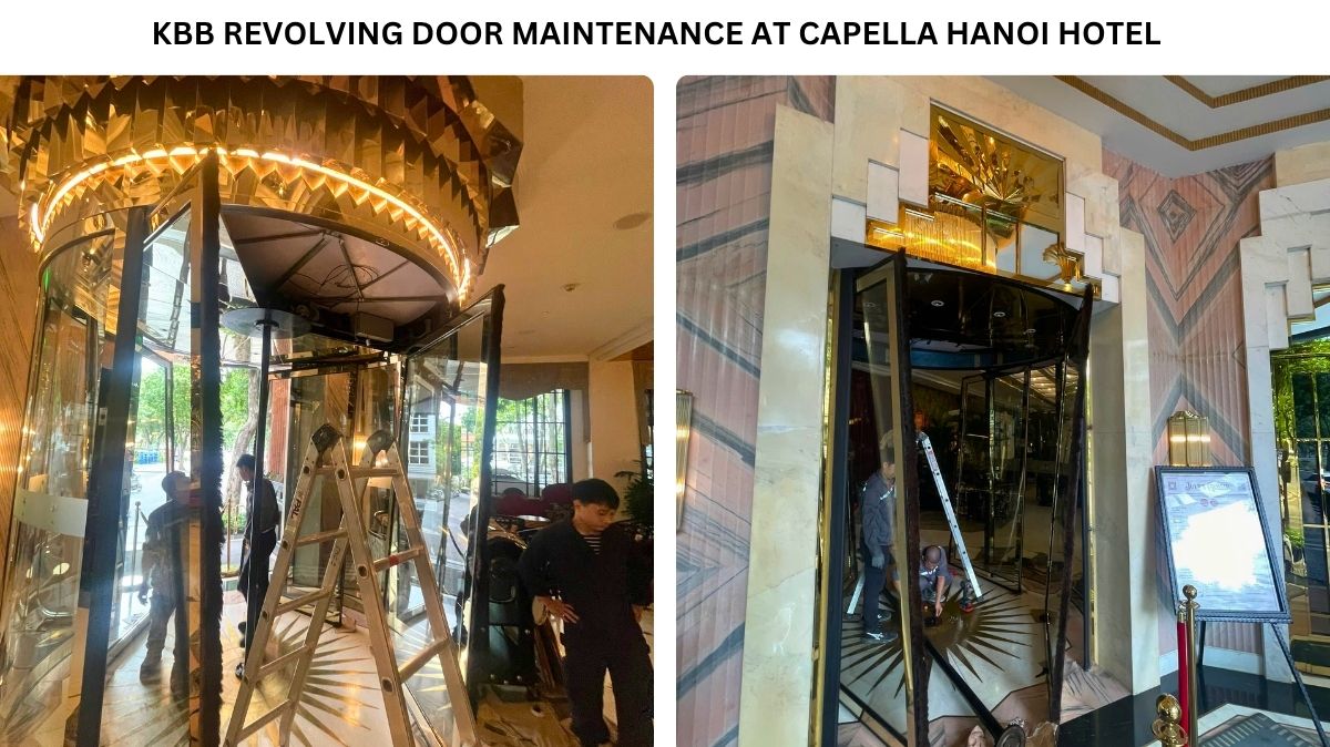 Sonha Auto technicians inspect the motor and drive system during KBB revolving door maintenance Sonha Auto technicians inspect the motor and drive system during KBB revolving door maintenance